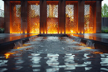 Poster - A minimalist, geometric fountain with laser-cut patterns and water flowing through illuminated channels,