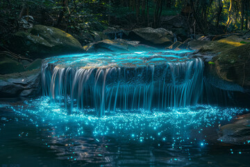 Poster - A floating island fountain with waterfalls cascading into a pool of glowing, bioluminescent water,