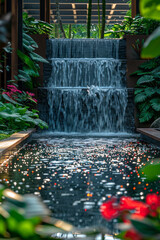 Poster - A digital waterfall fountain with programmable jets creating animated patterns and images,
