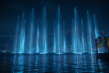 Poster - A laser fountain with beams of light creating intricate water sculptures in mid-air,