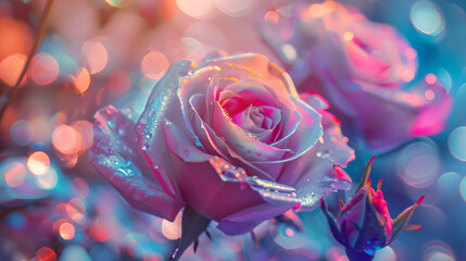 Wall Mural - close up of roses with holographic colors, pastel color theme, bokeh background, hyper realistic photography


