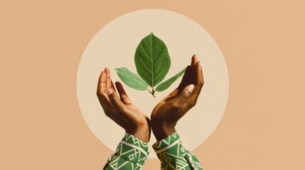 A pair of African American hands are holding up a single leaf. Eco-Friendly Living, Sustainable Lifestyle, Embracing Nature