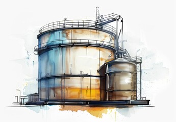 Wall Mural - Industrial Watercolor Painting of Oil Storage Tanks