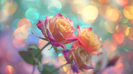 Wall Mural - close up of roses with holographic colors, pastel color theme, bokeh background, hyper realistic photography



