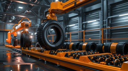 Poster - An automated robotic arm moves a tire along a conveyor belt in a factory setting. The tire is being transported to a different location for further processing.