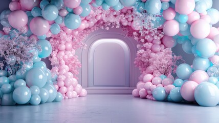 Poster - A large archway of pink, blue, and purple balloons. The archway is in a room with a white floor