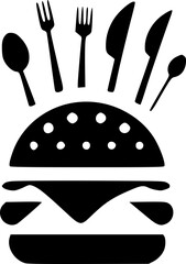 illustratinn of logo design of single colored burger with forks and knife