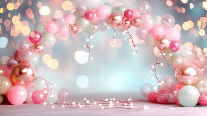 Poster - A pink archway with a bunch of pink and white balloons. The balloons are scattered all over the archway, creating a festive and celebratory atmosphere. The archway is the main focus of the image