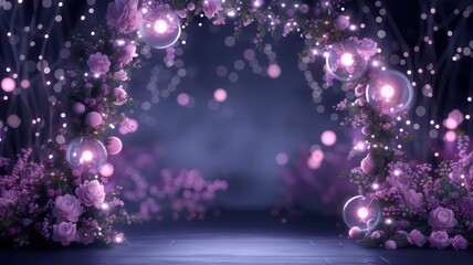 Poster - A purple archway with flowers and lights. The archway is the main focus of the image, and the flowers and lights add a sense of whimsy and magic to the scene. Scene is one of wonder and delight