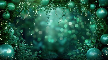 Poster - A green background with a bunch of green balloons. The balloons are scattered all over the background and some are in the foreground. Scene is festive and lively