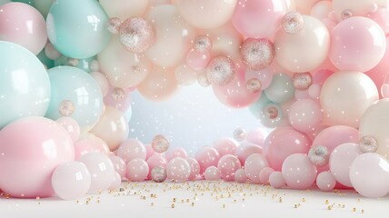 Poster - A pink and blue balloon arch with gold glitter. The arch is made of many different colored balloons, including pink, blue, and green. The arch is set against a white background
