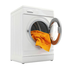 Front view of a modern washing machine with an open door and an orange cloth inside, isolated on white background.