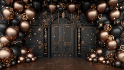 Poster - A room with a black door and gold balloons. The balloons are arranged in a way that they look like they are hanging from the ceiling. The room has a vintage and industrial feel to it
