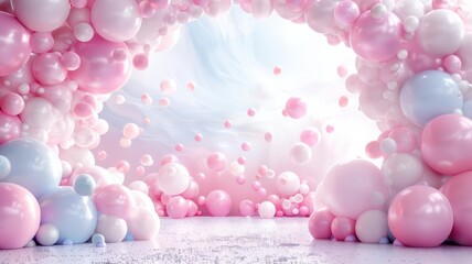 Poster - A room with pink and white balloons in the shape of a tunnel. The balloons are scattered throughout the room, creating a whimsical and playful atmosphere