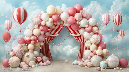 Poster - A large archway of balloons is decorated with red and white stripes. The balloons are scattered throughout the archway, creating a festive and playful atmosphere. The archway is set against a blue sky
