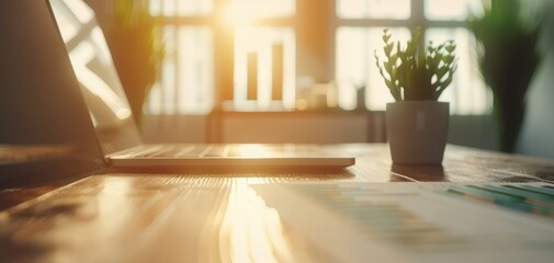 Poster - A laptop is on a wooden table with a potted plant next to it