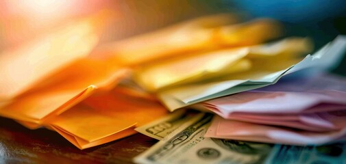 Poster - A stack of colorful envelopes with a few pieces of paper and a few bills