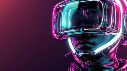 Poster - A man in a virtual reality headset is wearing a black suit. The image is in neon colors and has a futuristic feel to it