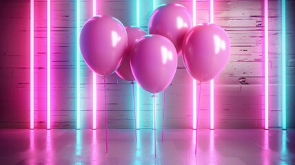 Poster - Pink balloons are arranged in a row in front of neon lights. Scene is bright and cheerful