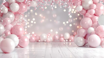 Poster - A pink and white room with a pink archway and pink and white balloons. The balloons are scattered throughout the room, creating a festive and playful atmosphere. The archway serves as a focal point