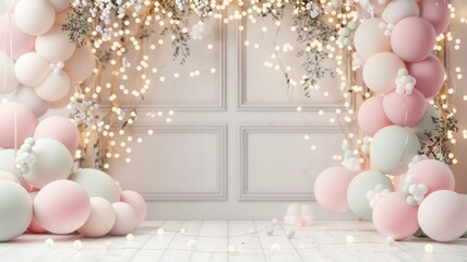 Wall Mural - A room with pink and green balloons and lights. The balloons are arranged in a way that creates a sense of depth and dimension. The room has a festive and celebratory mood