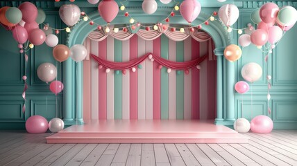 Poster - A room with pink, green, and blue striped walls and a pink and green stage