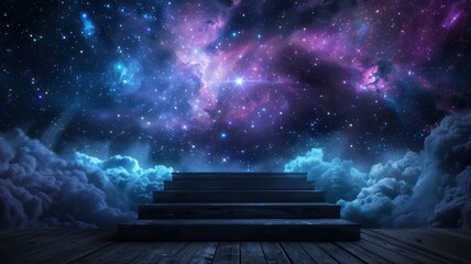 Poster - A dark sky with a purple and blue hue. The sky is filled with stars and clouds. The clouds are white and fluffy