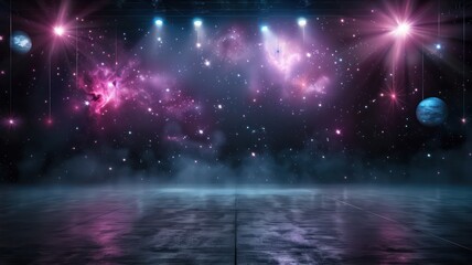 Poster - A dark room with a stage and lights. Scene is mysterious and dramatic