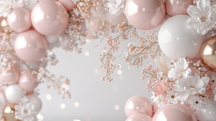 Poster - A pink and white floral arrangement made of balloons. The balloons are arranged in a way that creates a sense of movement and flow. Scene is one of celebration and joy