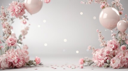 Aufkleber - A white background with pink flowers and balloons