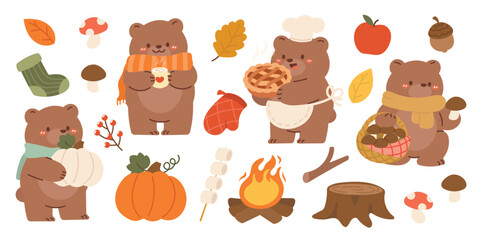 cute autumn season animal set vector. collection of grizzly bear, scarf, pie, apple, mushroom, fire 