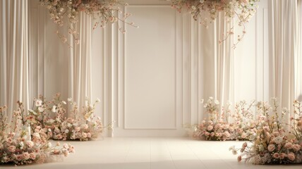 Poster - A white room with a long curtain and flowers. The room is empty and has a very clean and elegant look