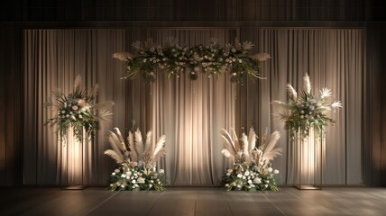 Poster - A large floral arrangement with a white archway is displayed in front of a curtain. The arrangement is made up of several potted plants and flowers, including a large white flower arrangement