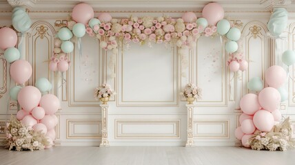 Wall Mural - A room with pink and green balloons and flowers. The room is decorated for a baby shower. The room has a festive and celebratory mood