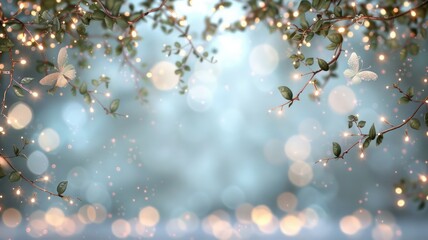 Poster - A butterfly is flying above a tree with a blue sky background. The butterfly is surrounded by a blurry background, giving the impression of a dreamy, ethereal atmosphere