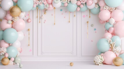 Poster - A white background with a pink and blue arch of balloons. The arch is suspended from the ceiling, creating a whimsical and playful atmosphere