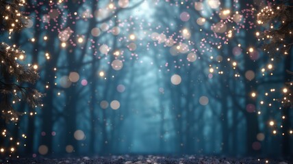 Aufkleber - A forest with a blue sky background and a lot of lights. The lights are scattered all over the forest, creating a magical and dreamy atmosphere