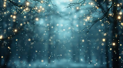 Poster - A forest scene with snow falling and twinkling lights in the background