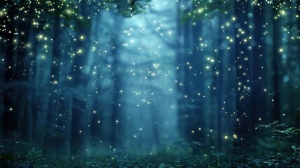 Poster - A forest with a lot of light shining through the trees. The light is coming from fireflies