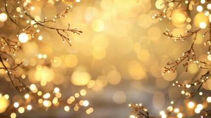 Aufkleber - A golden background with a tree branch in the foreground. The branch is lit up with lights, creating a warm and inviting atmosphere