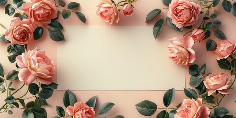 Canvas Print - Floral Arrangement with Pink Roses and a Blank Card