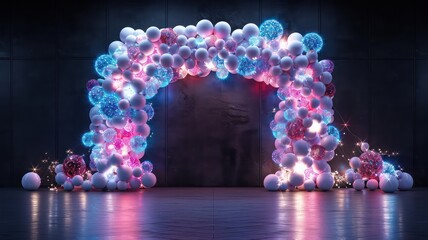 Poster - A large arch made of balloons is lit up with blue, pink, and purple lights. The arch is in a dark room, and the balloons are scattered around the space. Scene is festive and celebratory