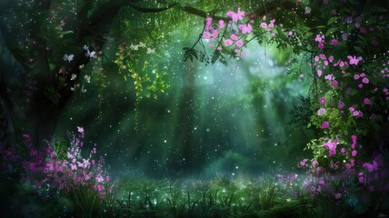 Aufkleber - A lush green forest with a pink archway and flowers. The scene is peaceful and serene, with the sunlight shining through the trees and the flowers