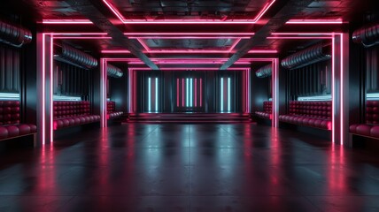 Poster - A neon lit room with a stage and a red couch. The room is empty and the lights are on