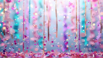 Aufkleber - A colorful background with pink and blue streamers and pink and blue confetti. The confetti is falling from the ceiling and the streamers are hanging from the ceiling. Scene is celebratory and festive
