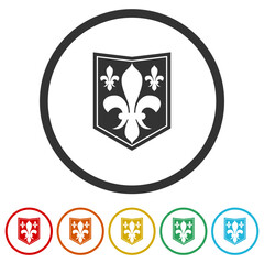 Sticker - Coat of arms with heraldic symbol of fleur de lis icon. Set icons in color circle buttons