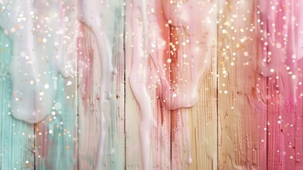 Poster - A wooden surface with pink, blue, and green paint dripping down it. The colors are bright and the paint appears to be glittery. Scene is playful and whimsical
