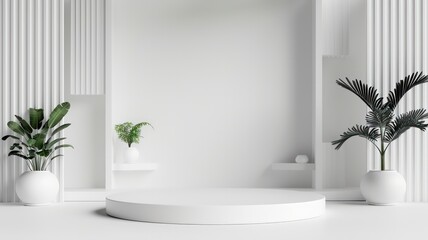 Poster - A white room with a white pedestal and two potted plants