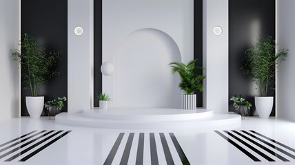 Poster - A white room with a black border and a white archway. There are two potted plants on either side of the archway