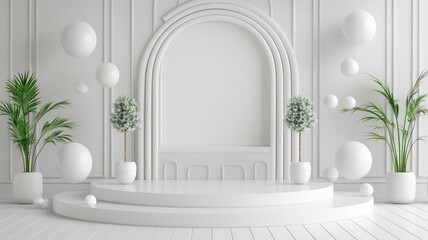 Poster - A white room with a white archway and a white stage. The room is filled with white plants, including potted plants and a palm tree